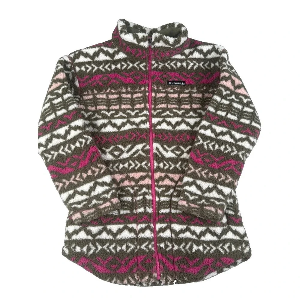 Columbia Womens L Sherpa Fleece Jacket Full Zip Geometric Aztec Pink Brown